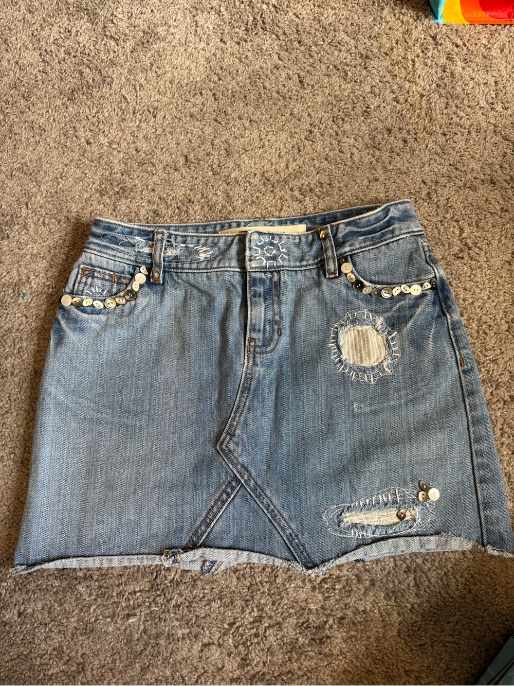 GAP Blue Distressed Denim Mini Skirt with Button Accent